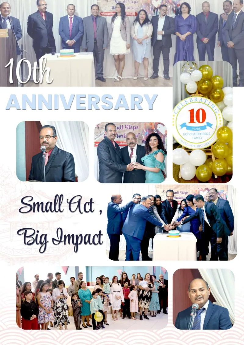 Collage of the 10th anniversary: speeches, cake cutting with the committee and members and families together